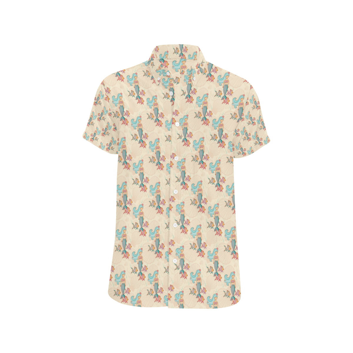 Mermaid Girl With Fish Design Print Men's Short Sleeve Button Up Shirt