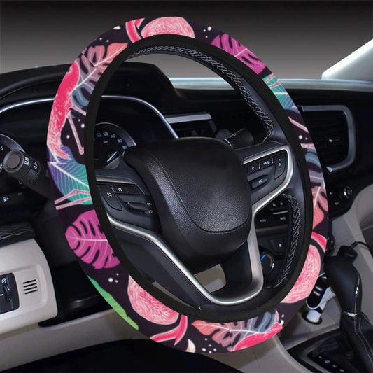 Flamingo Tropical leaves Neon Print Steering Wheel Cover with Elastic Edge