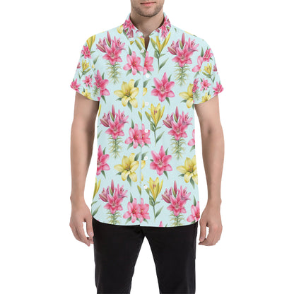 Lily Pattern Print Design LY010 Men's Short Sleeve Button Up Shirt