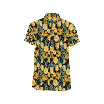 Elegant Yellow Tulip Print Men's Short Sleeve Button Up Shirt