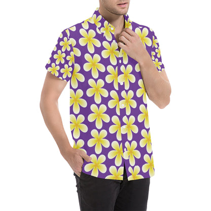 Yellow Plumeria Pattern Print Design PM05 Men's Short Sleeve Button Up Shirt