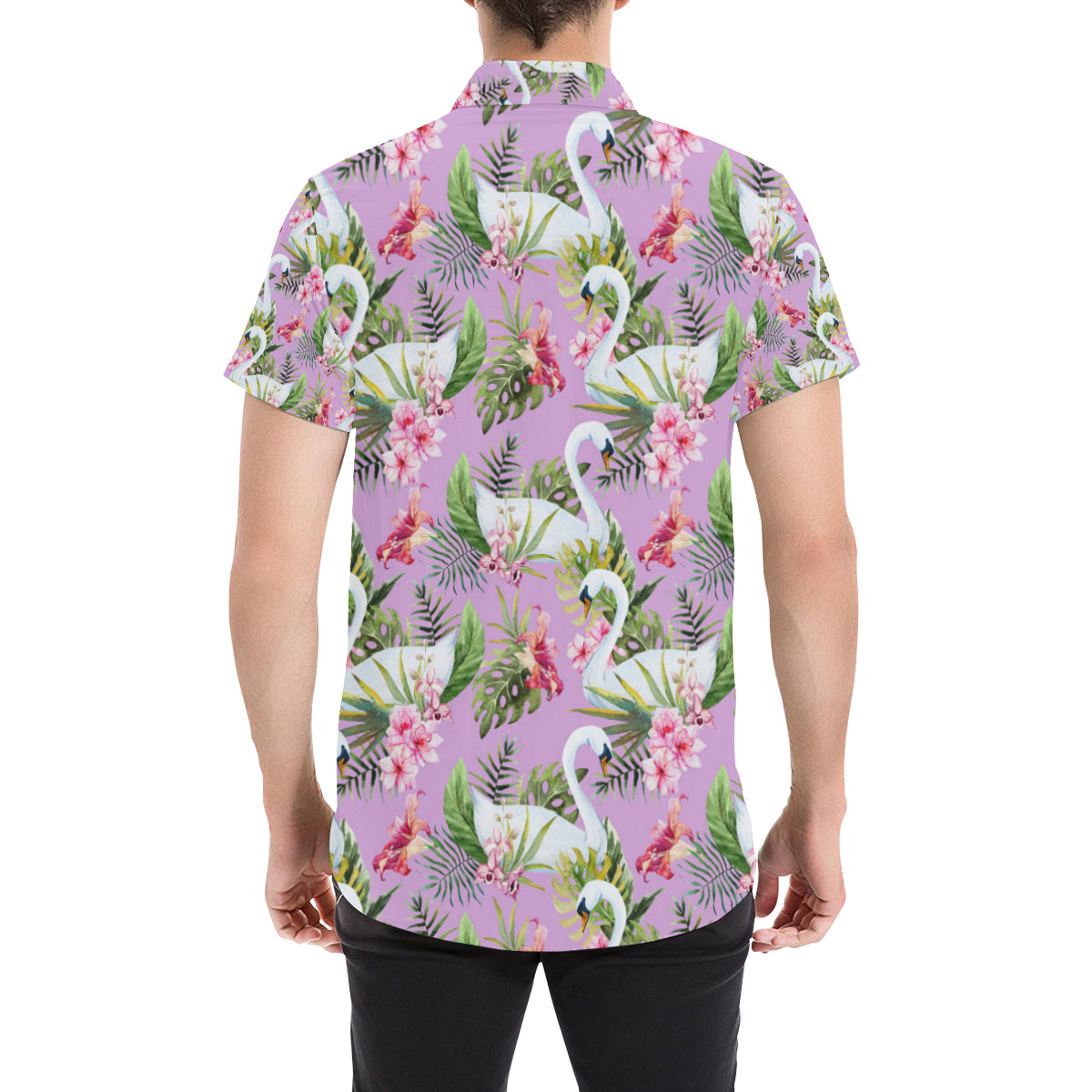 Swan with Flower Pattern Print Design 01 Men's Short Sleeve Button Up Shirt
