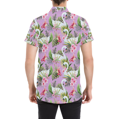Swan with Flower Pattern Print Design 01 Men's Short Sleeve Button Up Shirt