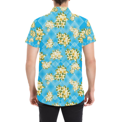 Yellow Plumeria Design Print Pattern Men's Short Sleeve Button Up Shirt