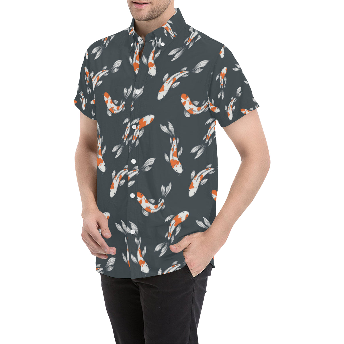 KOI Fish Pattern Print Design 04 Men's Short Sleeve Button Up Shirt