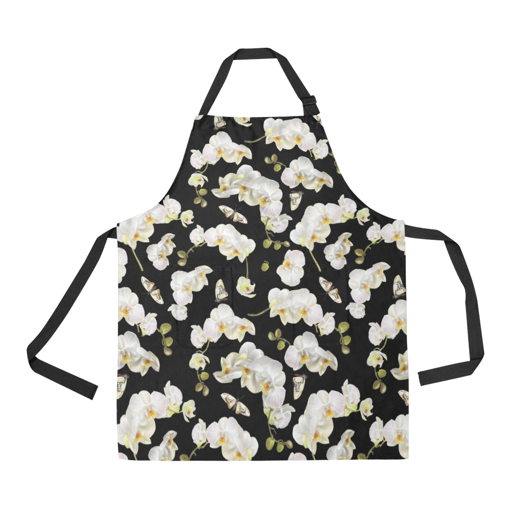 Orchid White Pattern Print Design OR011 Apron with Pocket