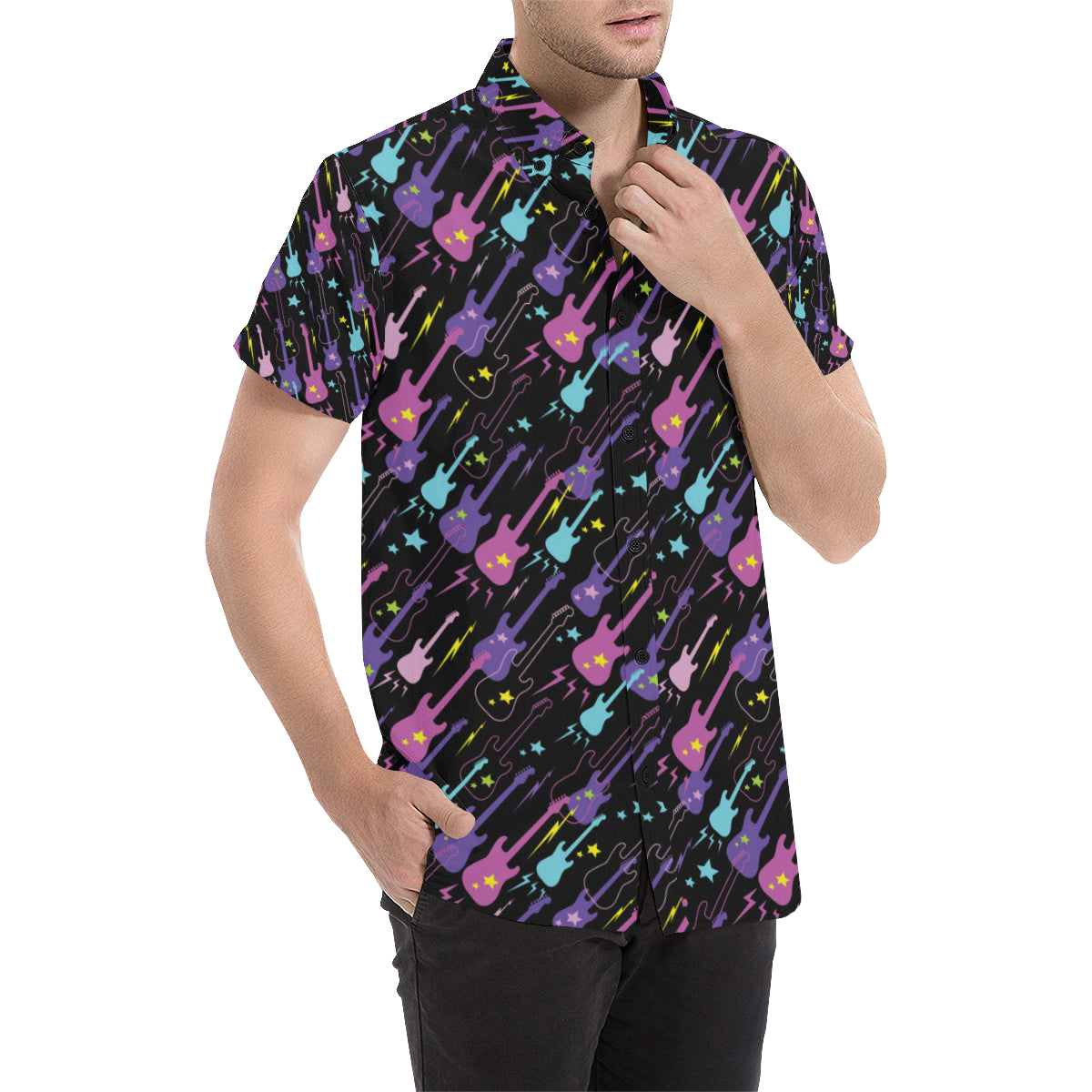 Electric Guitar Pattern Print Design 02 Men's Short Sleeve Button Up Shirt