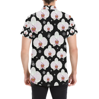 Orchid White Pattern Print Design OR09 Men's Short Sleeve Button Up Shirt