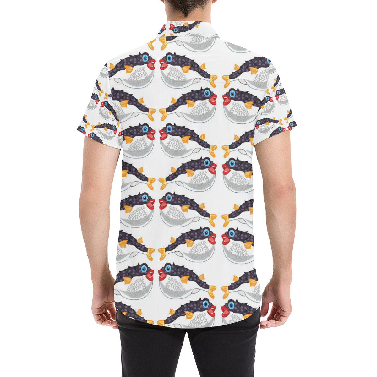 Fugu Pattern Print Design 03 Men's Short Sleeve Button Up Shirt