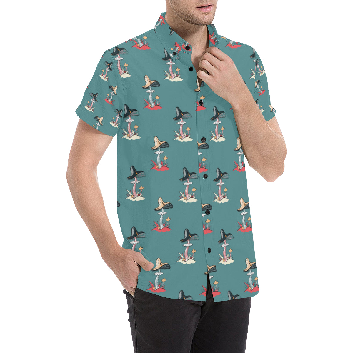 Mushroom Pattern Print Design A04 Men's Short Sleeve Button Up Shirt