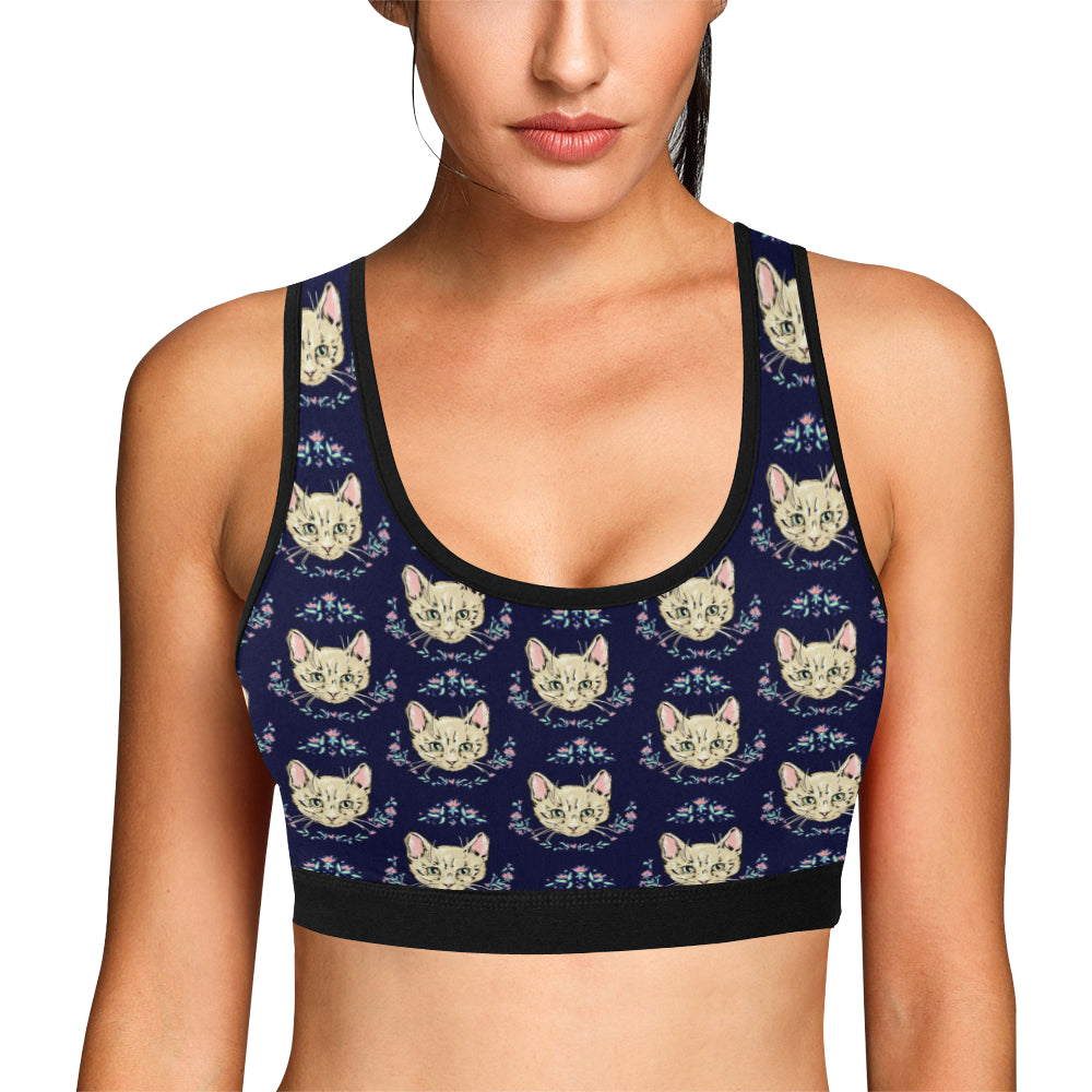 Cat Head with flower Print Pattern Sports Bra