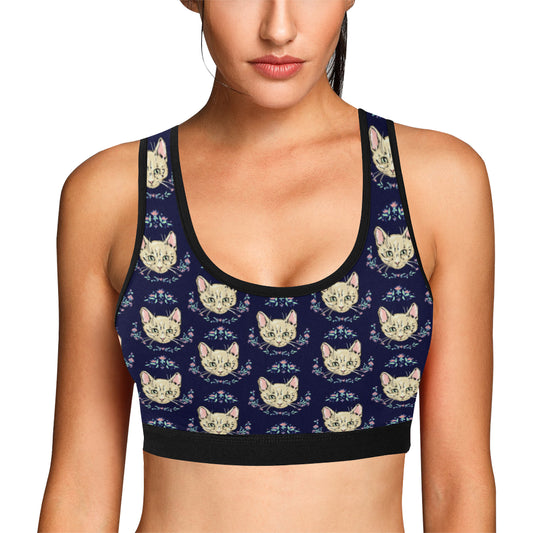 Cat Head with flower Print Pattern Sports Bra