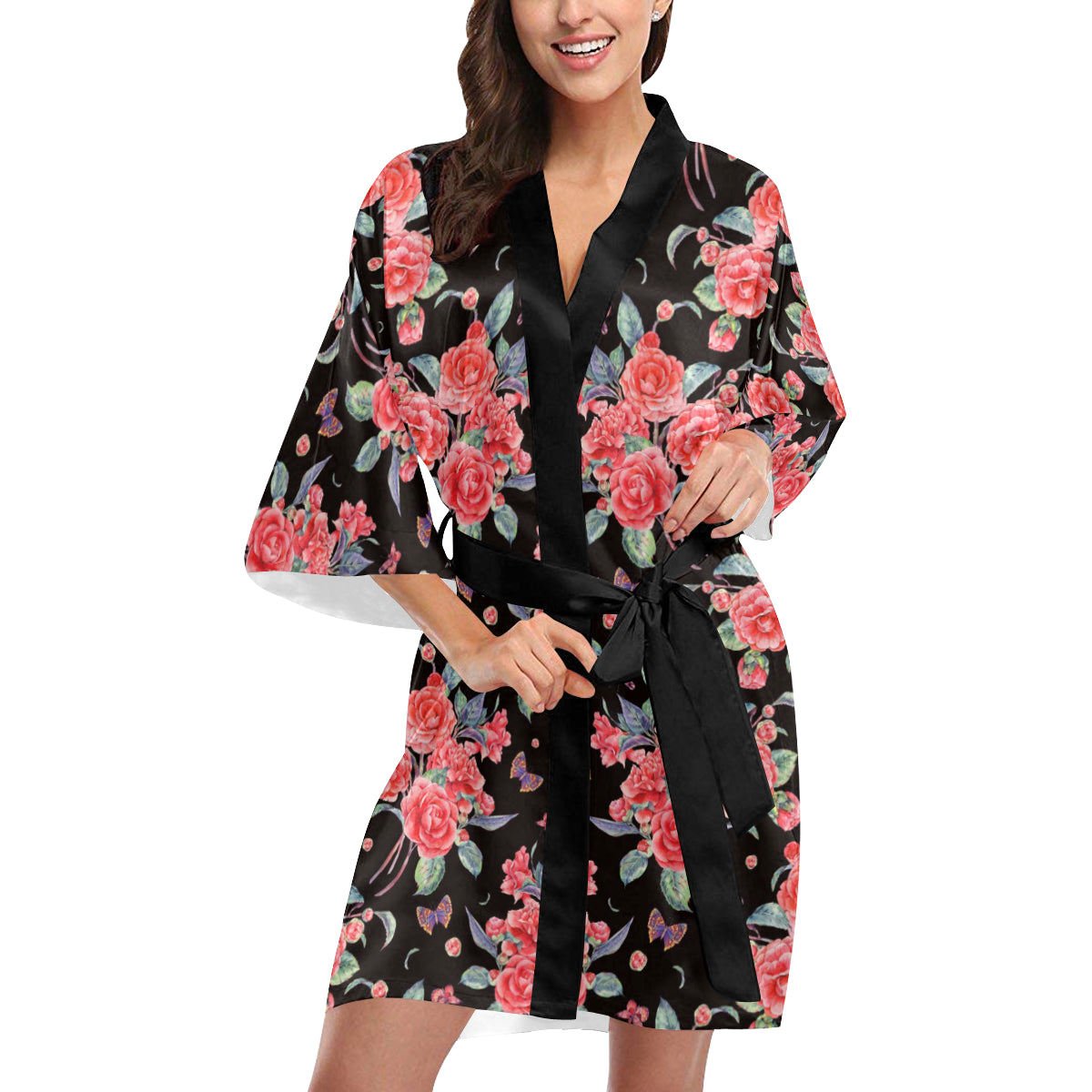 Camellia Pattern Print Design CM03 Women's Short Kimono