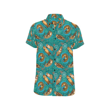 Sea Otter Pattern Print Design 01 Men's Short Sleeve Button Up Shirt