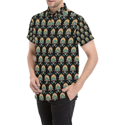 American indian Skull Pattern Men's Short Sleeve Button Up Shirt