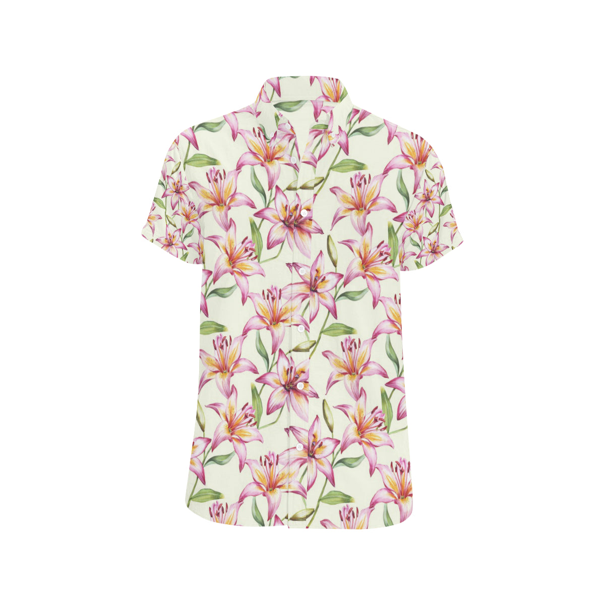 Lily Pattern Print Design LY011 Men's Short Sleeve Button Up Shirt