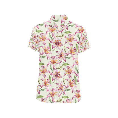 Lily Pattern Print Design LY011 Men's Short Sleeve Button Up Shirt