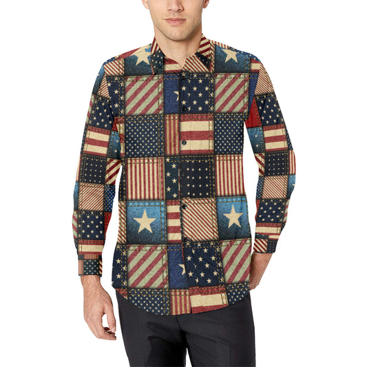 American flag Patchwork Design Men's Long Sleeve Shirt