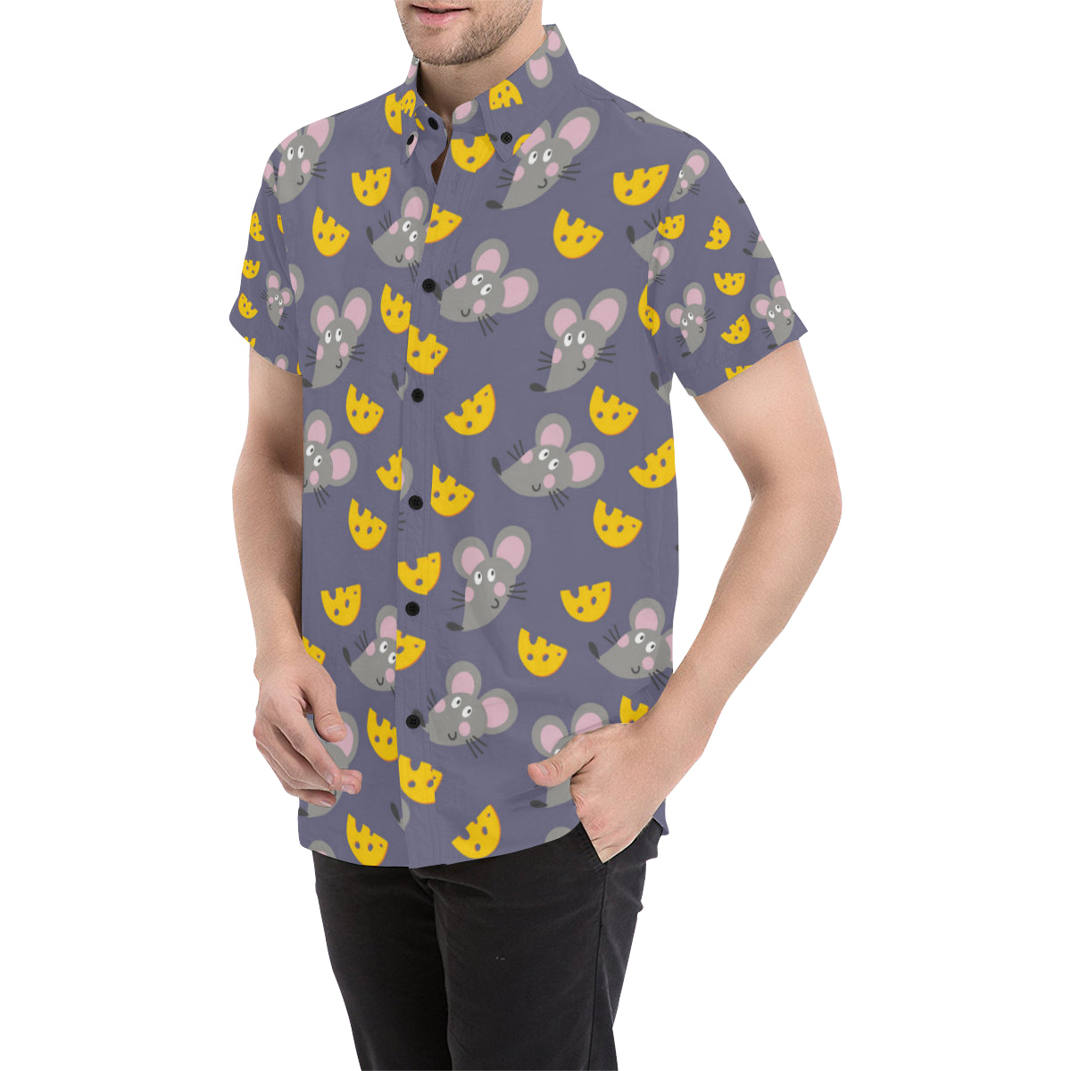 Rat With Cheese Pattern Print Design 01 Men's Short Sleeve Button Up Shirt