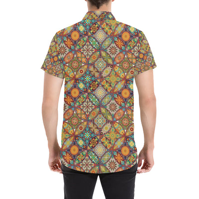 Mandala Flower Themed Design Print Men's Short Sleeve Button Up Shirt