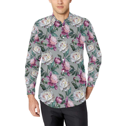 Peony Pattern Print Design PE01 Men's Long Sleeve Shirt