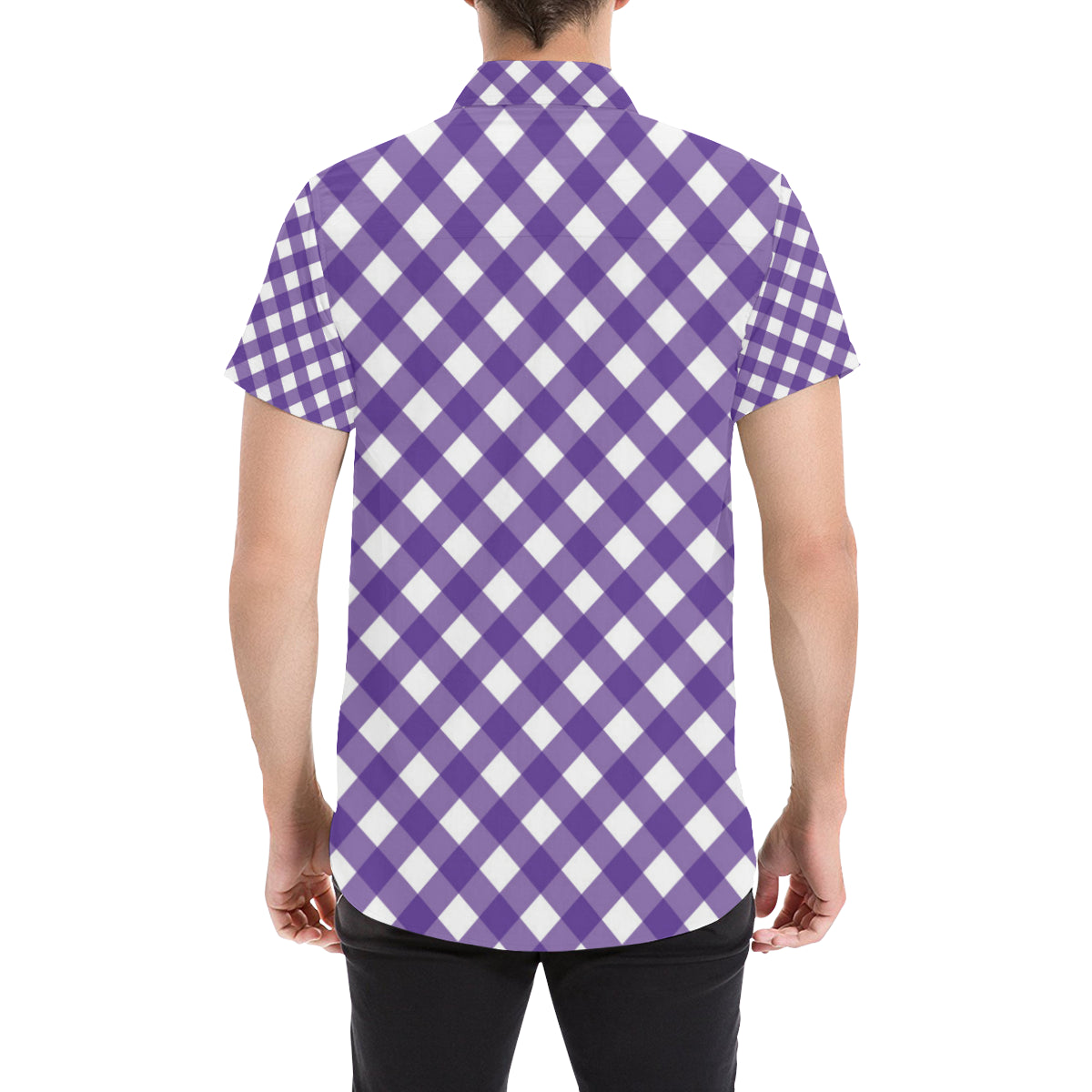 Gingham Purple Pattern Print Design 03 Men's Short Sleeve Button Up Shirt