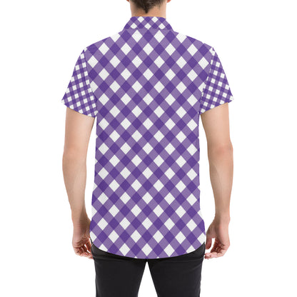 Gingham Purple Pattern Print Design 03 Men's Short Sleeve Button Up Shirt