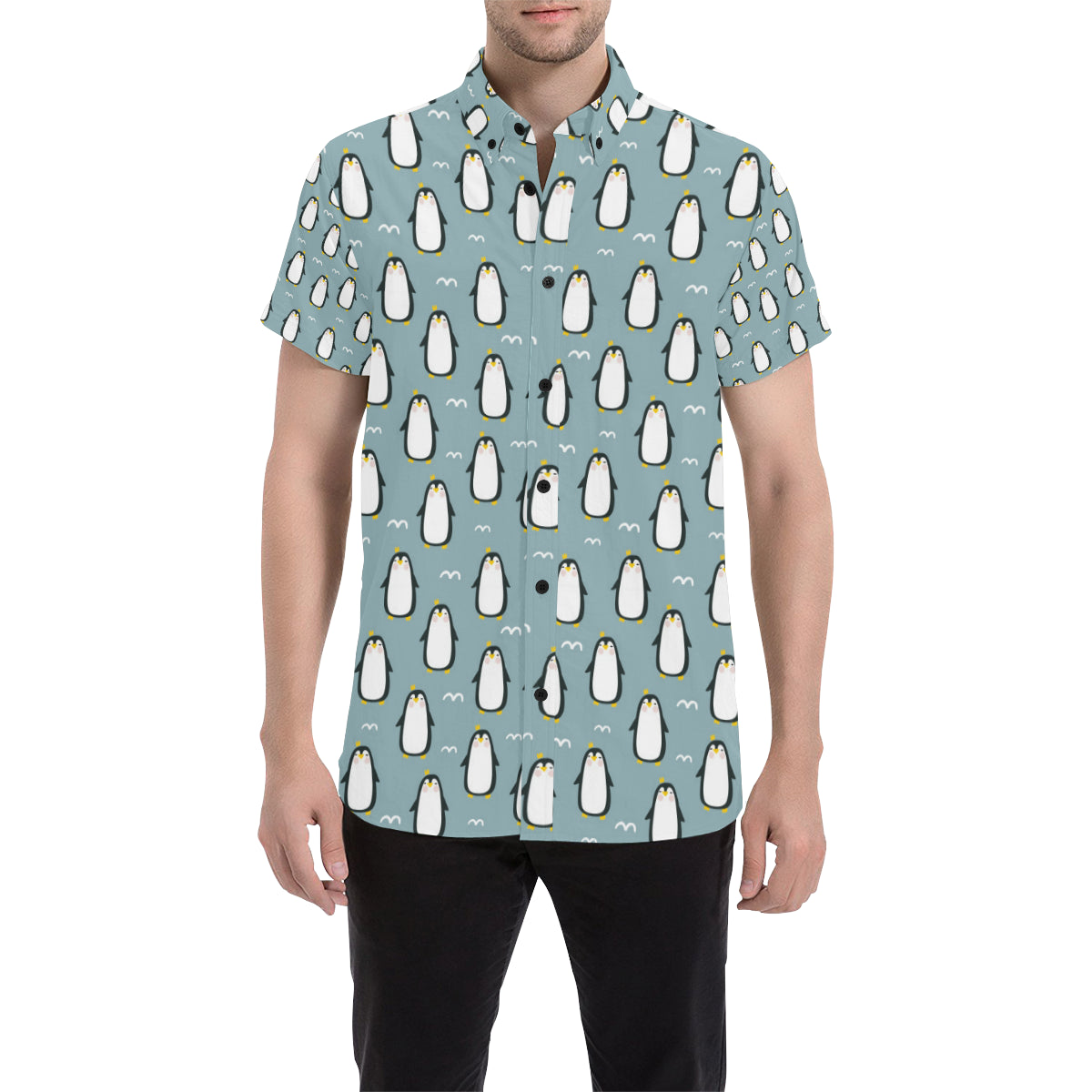 Penguin Pattern Print Design A02 Men's Short Sleeve Button Up Shirt