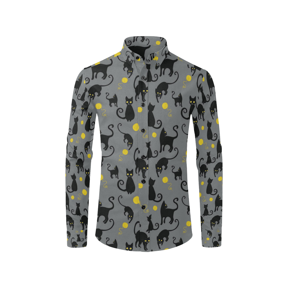 Black Cat Yellow Yarn Print Pattern Men's Long Sleeve Shirt