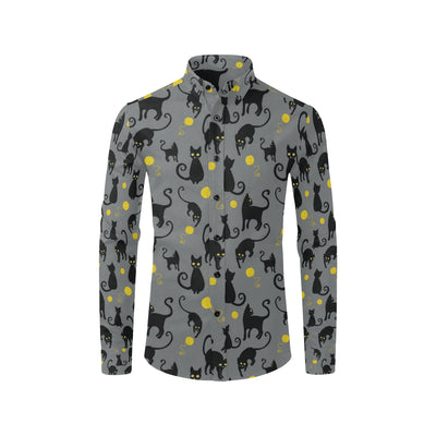 Black Cat Yellow Yarn Print Pattern Men's Long Sleeve Shirt
