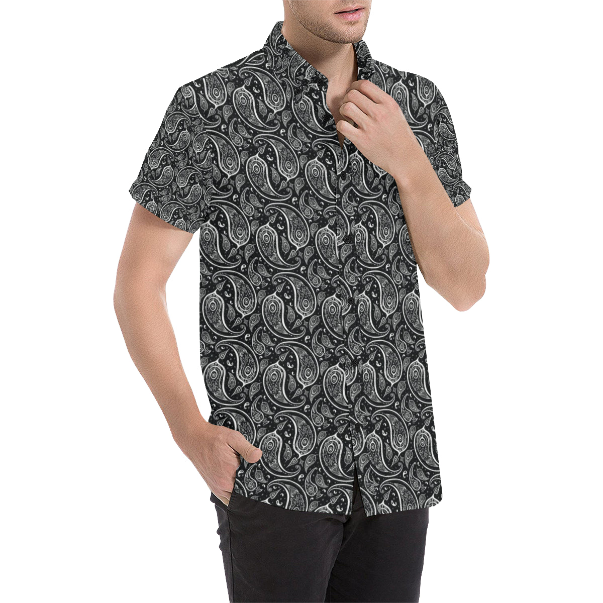 Paisley Black Design Print Men's Short Sleeve Button Up Shirt