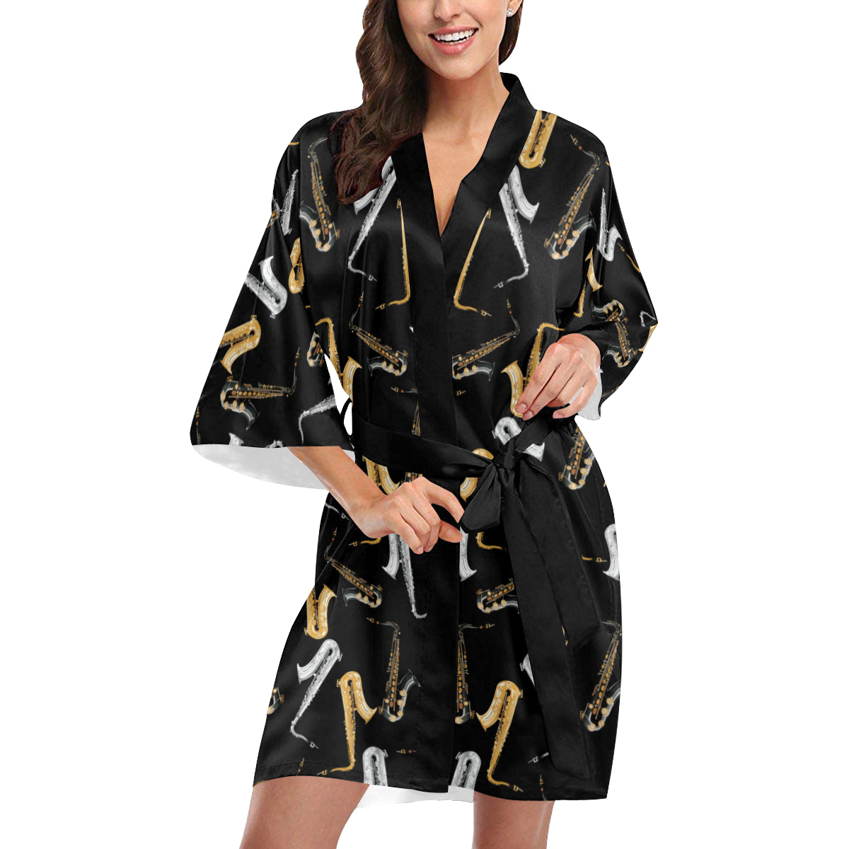 Saxophone Pattern Print Design 01 Women's Short Kimono