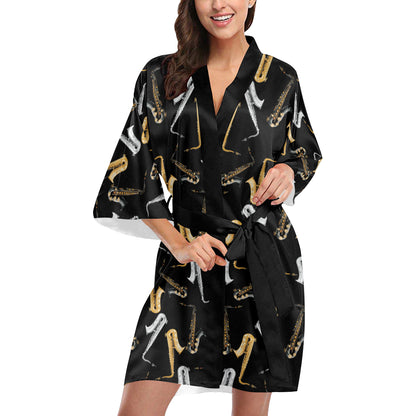 Saxophone Pattern Print Design 01 Women's Short Kimono