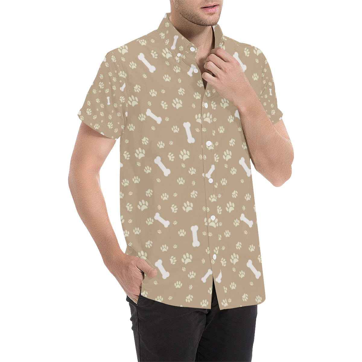 Dog Bone Paw Pattern Print Design 01 Men's Short Sleeve Button Up Shirt