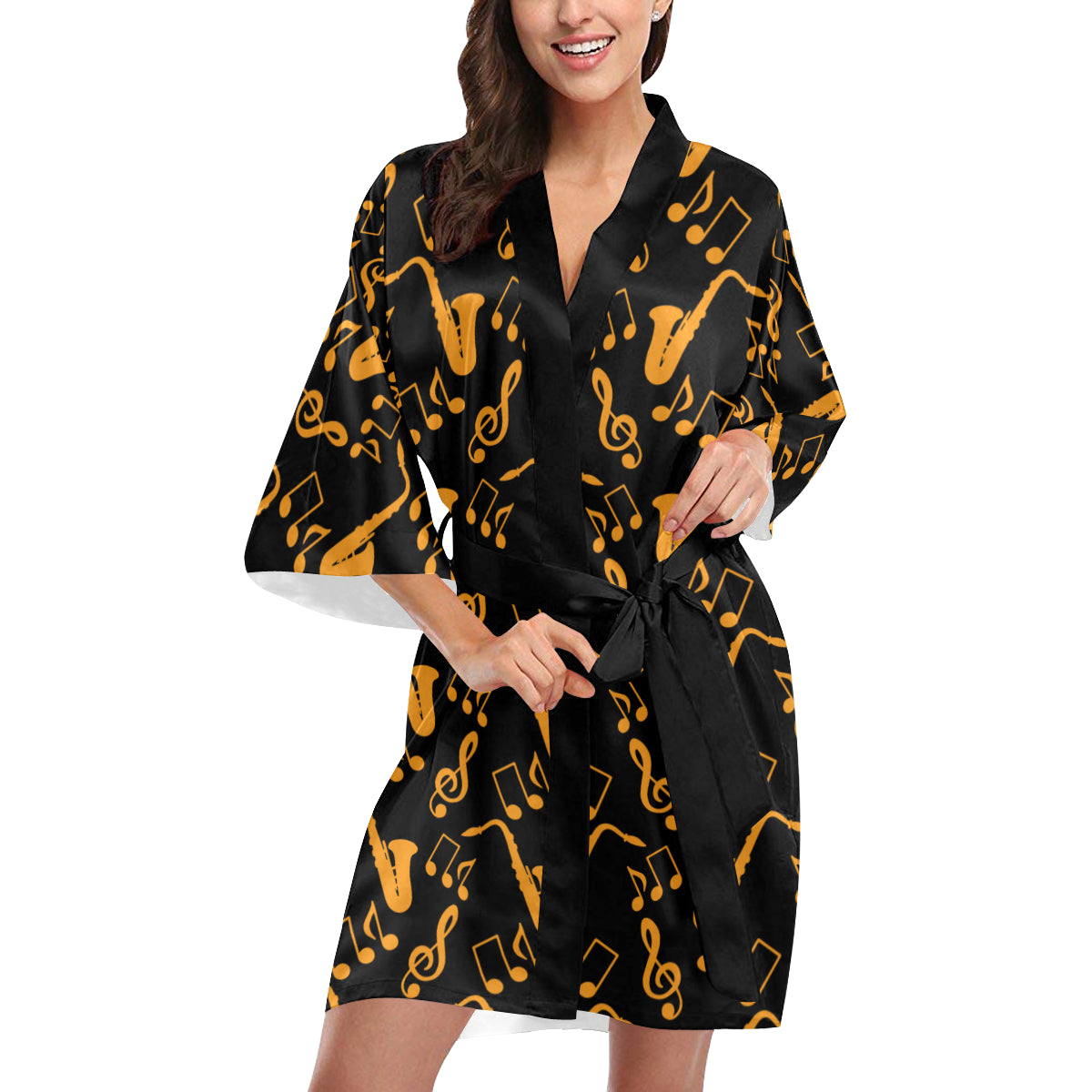Saxophone Pattern Print Design 02 Women's Short Kimono