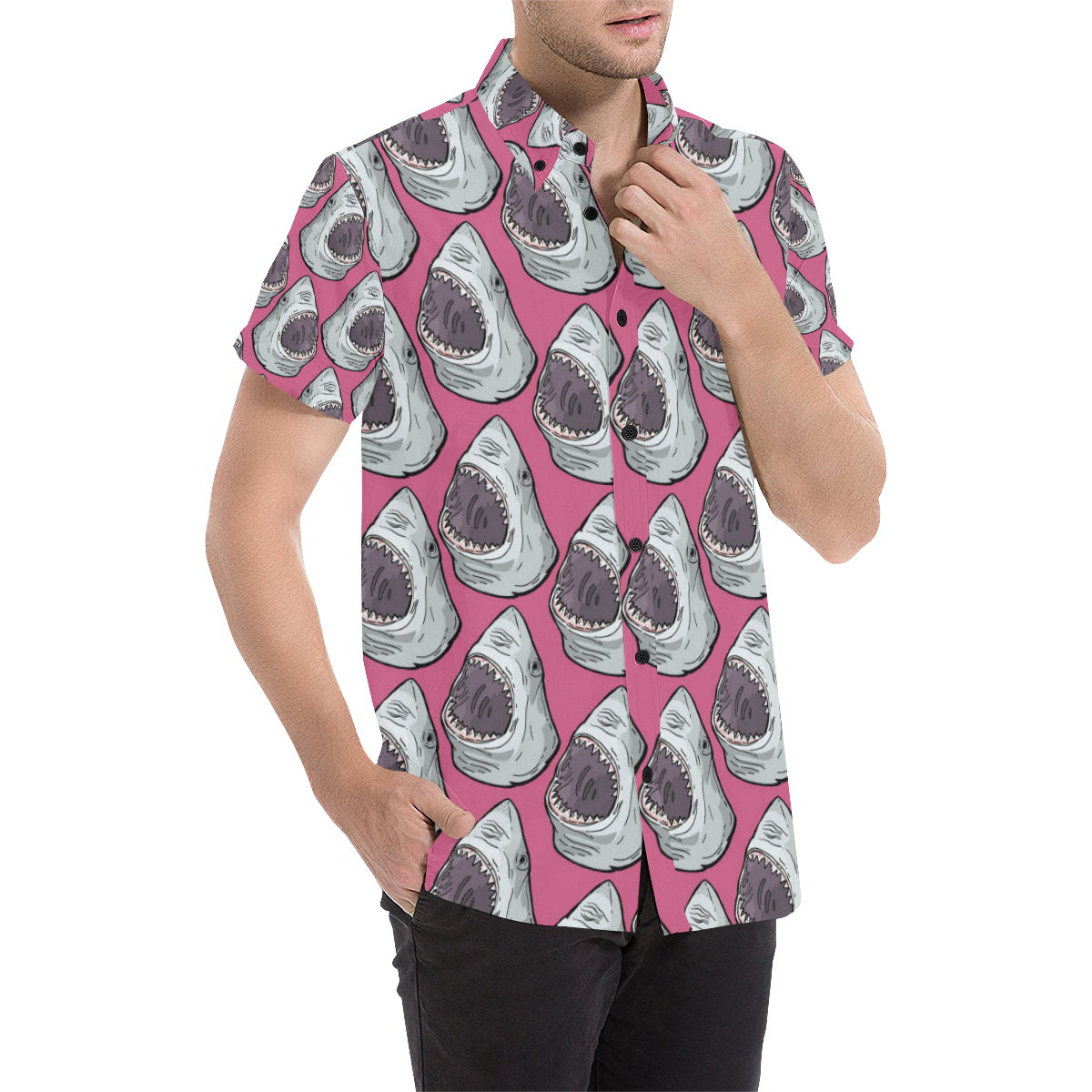 Great White Shark Pattern Print Design 01 Men's Short Sleeve Button Up Shirt