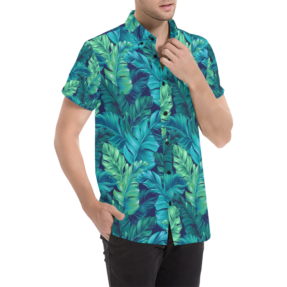Banana Leaf Pattern Print Design BL05 Men's Short Sleeve Button Up Shirt