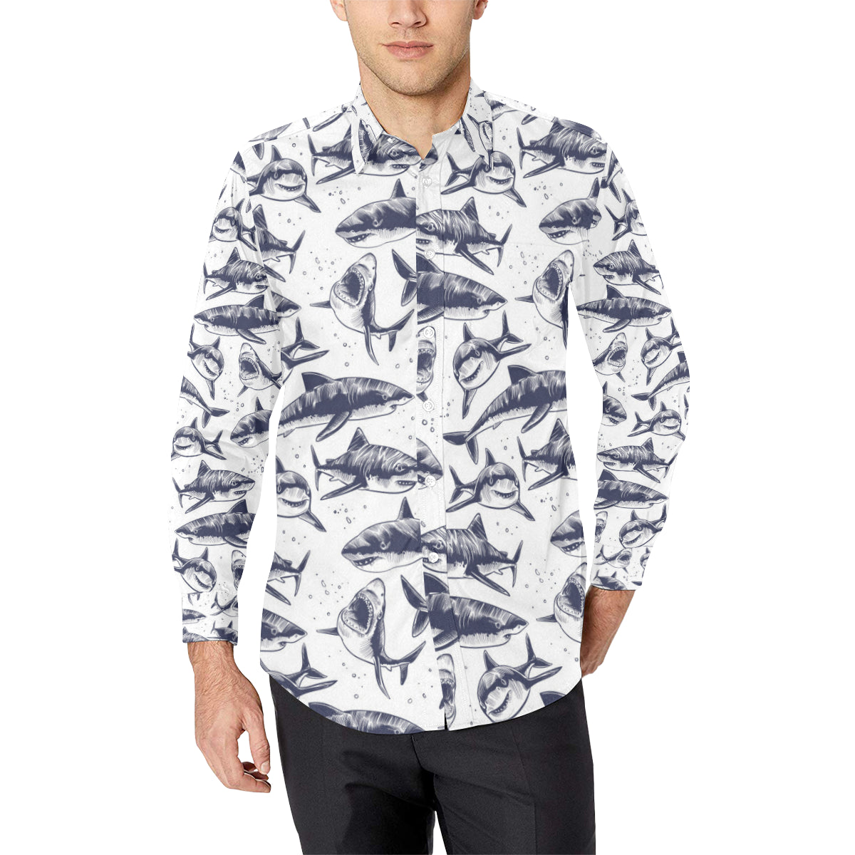 Great White Shark Pattern Print Design 02 Men's Long Sleeve Shirt