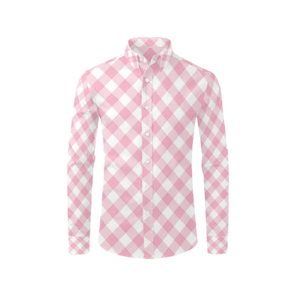 Gingham Pink Pattern Print Design 02 Men's Long Sleeve Shirt