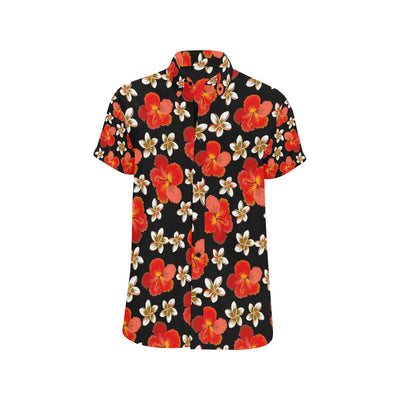 Red Hibiscus Pattern Print Design HB022 Men's Short Sleeve Button Up Shirt