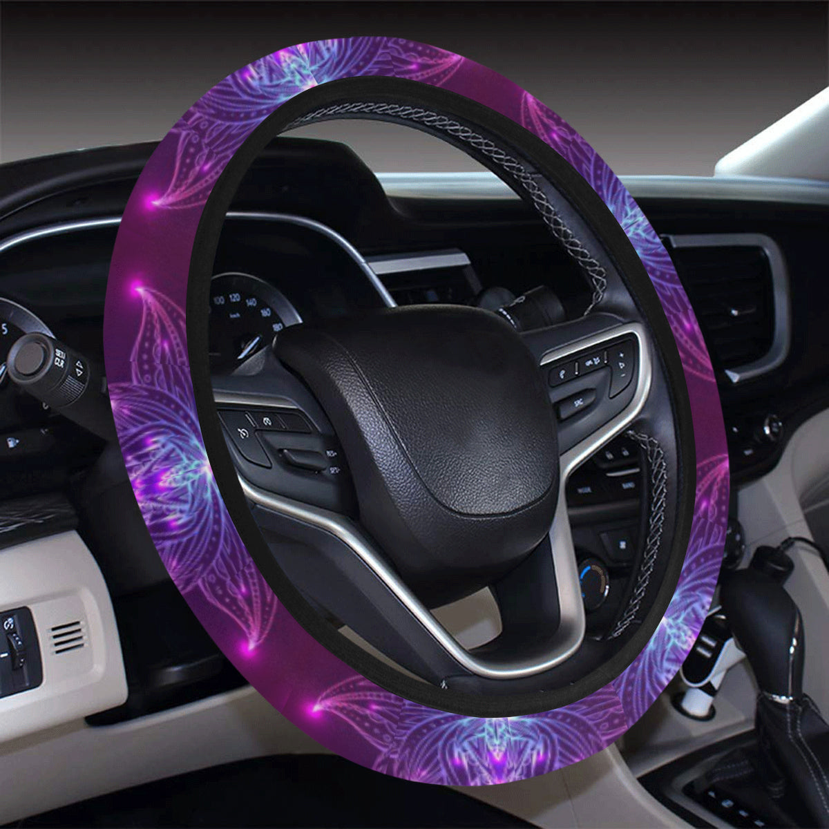 lotus Pattern Print Design LO01 Steering Wheel Cover with Elastic Edge