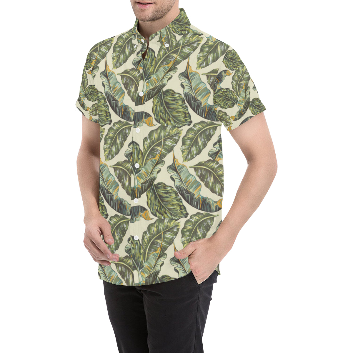 Banana Leaf Pattern Print Design BL08 Men's Short Sleeve Button Up Shirt