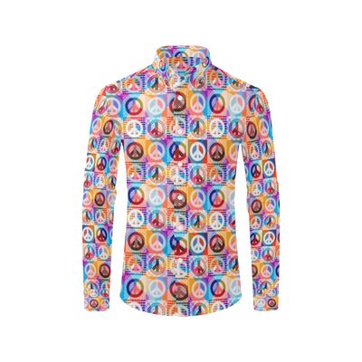 Peace Sign Patchwork Design Print Men's Long Sleeve Shirt