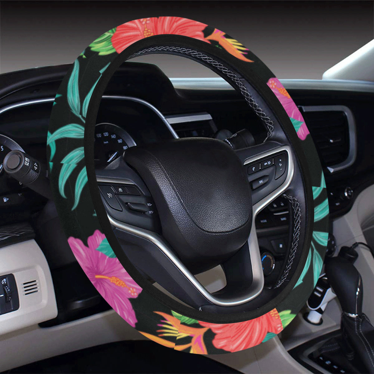 Hibiscus Red Hawaiian Flower Steering Wheel Cover with Elastic Edge