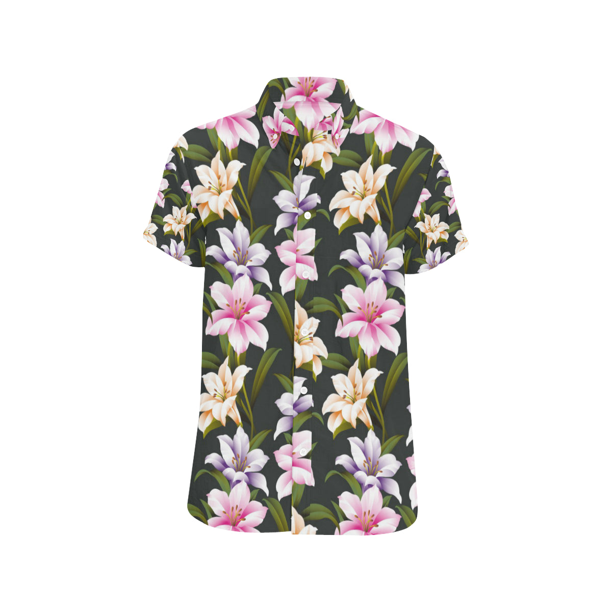 Lily Pattern Print Design LY01 Men's Short Sleeve Button Up Shirt