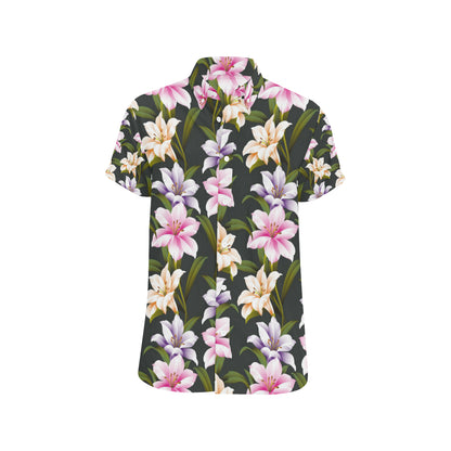 Lily Pattern Print Design LY01 Men's Short Sleeve Button Up Shirt