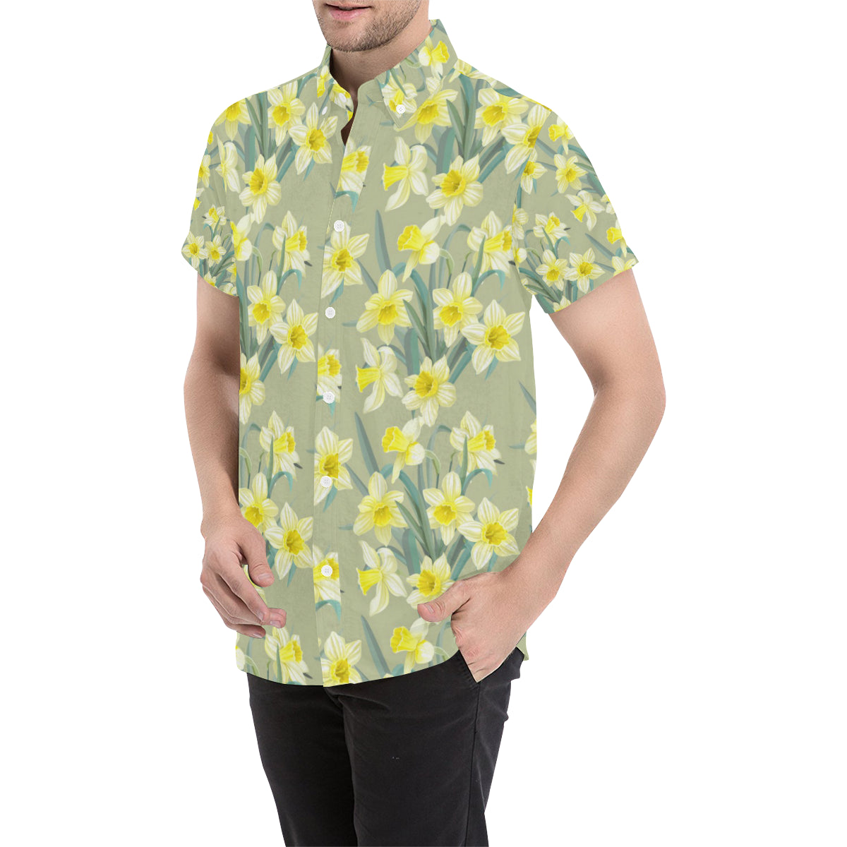 Daffodils Pattern Print Design DF01 Men's Short Sleeve Button Up Shirt