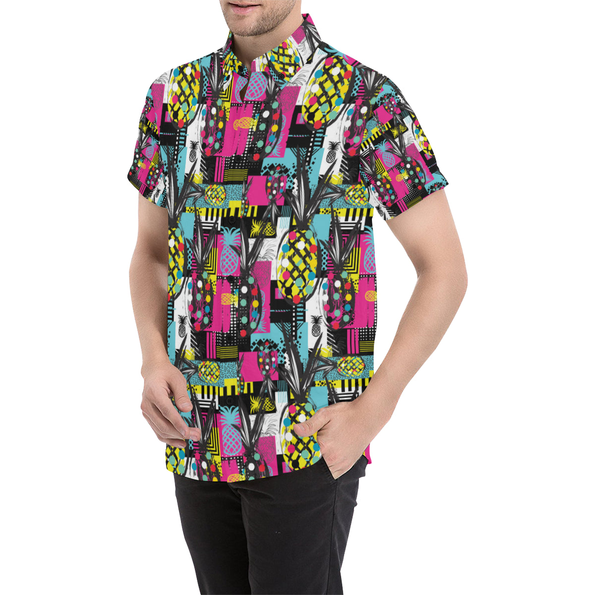Pop Art Pineapple Pattern Print Design A02 Men's Short Sleeve Button Up Shirt