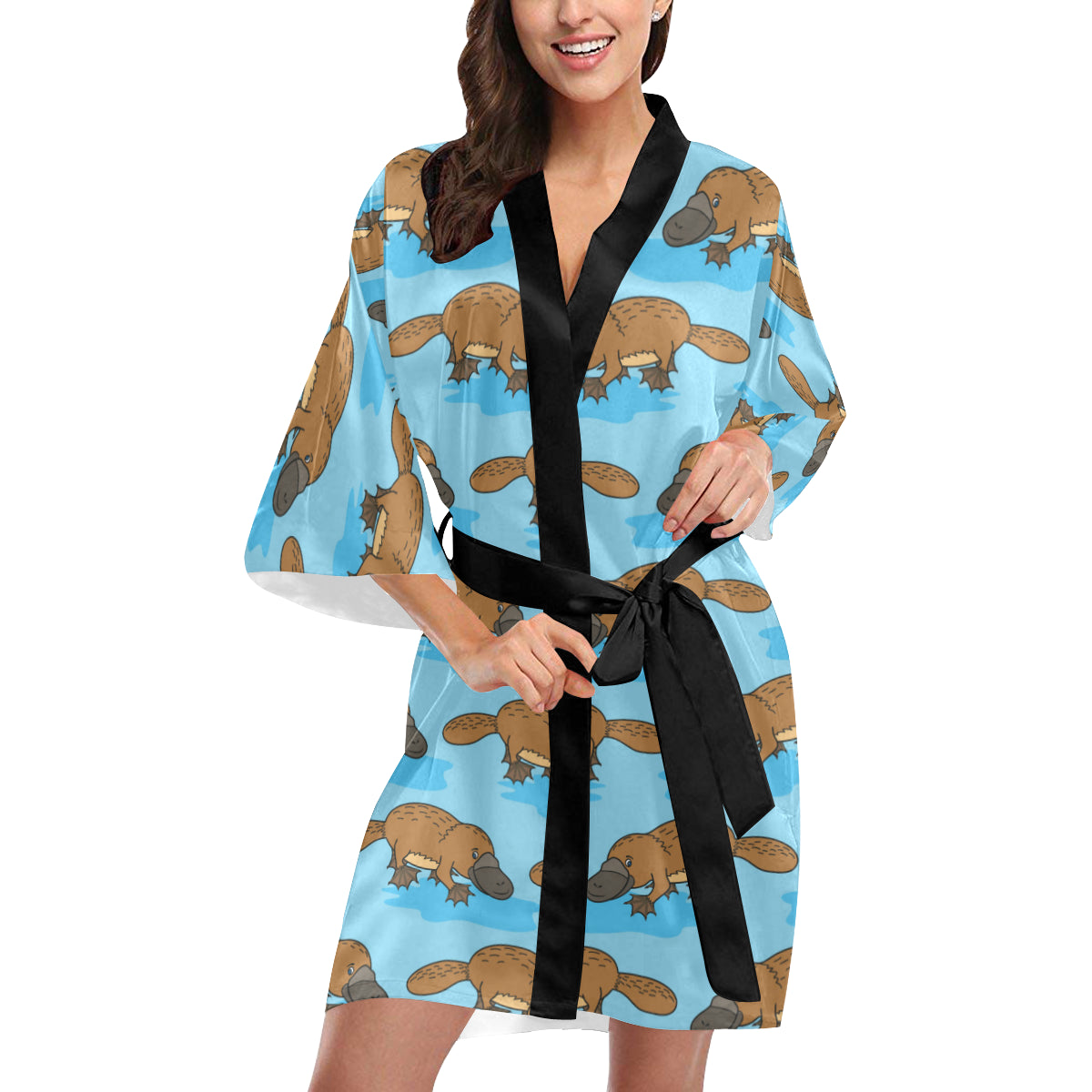 Platypus Pattern Print Design A02 Women's Short Kimono