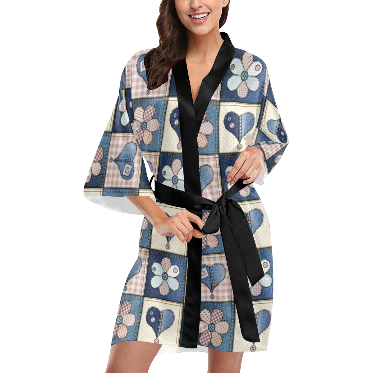 Patchwork Heart Flower Pattern Print Design 01 Women's Short Kimono